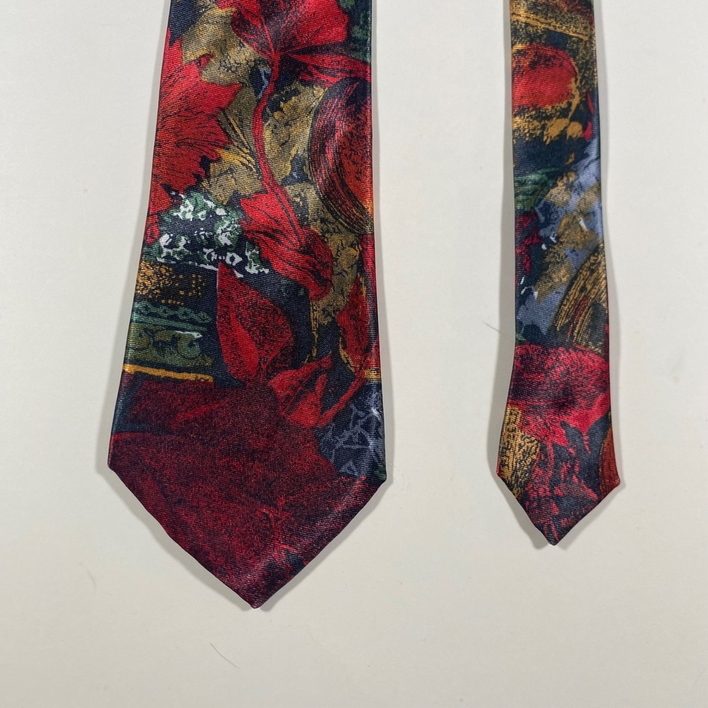 Italian Pure Silk Mens‎ Necktie Red Gold Floral Abstract Vintage Classic Tie
